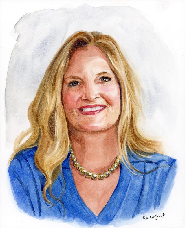 Watercolor portrait of Michele Sims-Gannon, smiling and wearing a royal blue blouse with a gold bead necklace. The background is a light watercolor wash.