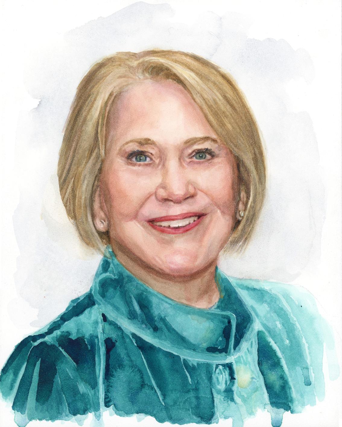 Watercolor portrait of Candice “Candy” Jamison Dowdy, smiling and wearing a teal jacket with a light background.