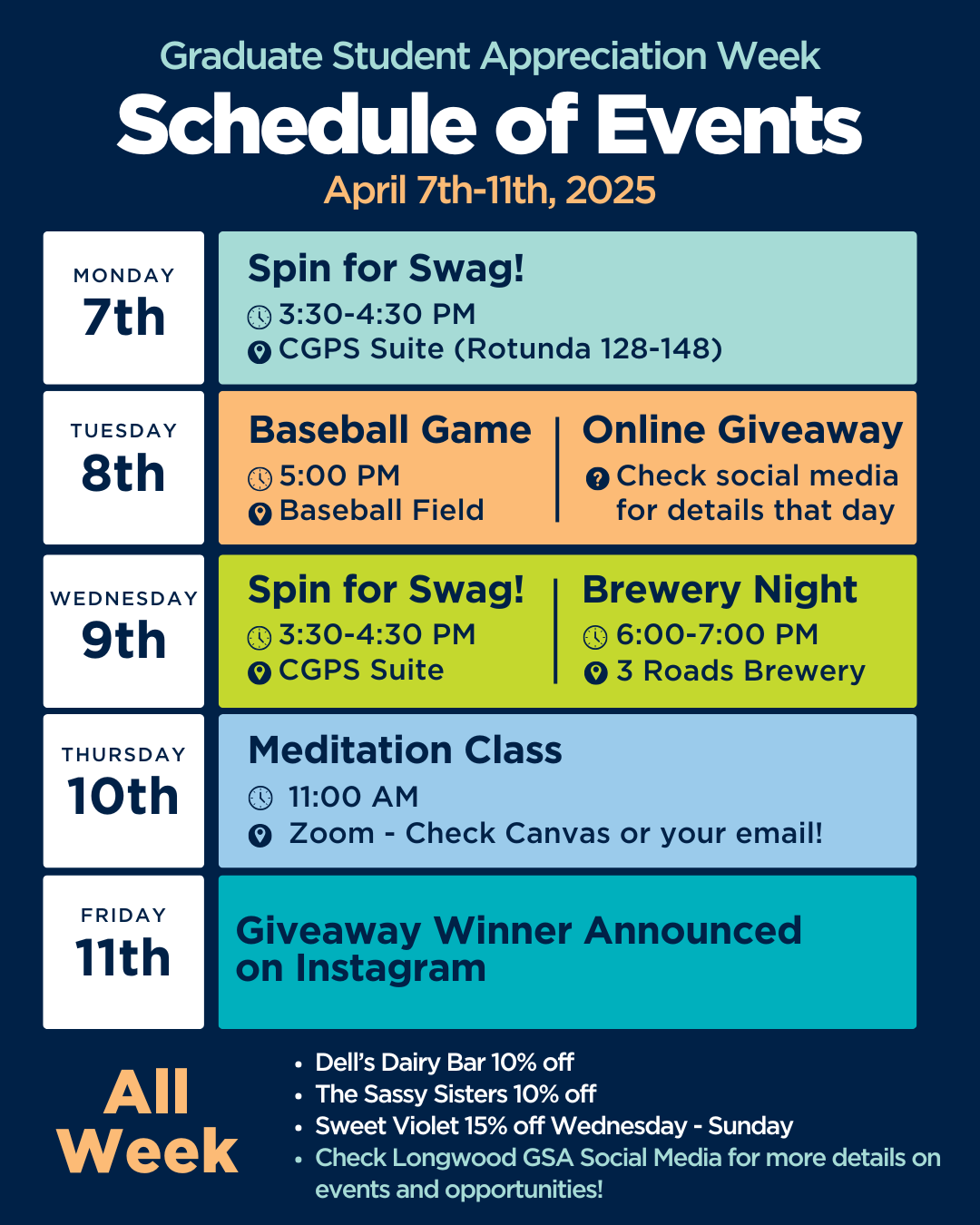 GSAW Schedule - A graphic schedule for Graduate Student Appreciation Week, April 7–11, 2025.   Events include Spin for Swag, a baseball game, brewery night, and meditation.   Ongoing discounts are offered at Dell’s Dairy Bar, Sassy Sisters, and Sweet Violet.   Details and updates are available via Longwood GSA social media.