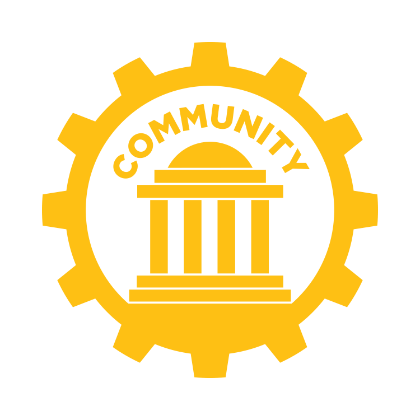 Gold icon of a gear encircling a classical columned building. The word “Community” curves along the inside of the gear. Building symbolizes civic engagement and public service. Graphic represents Longwood Well Being’s core value of Community.