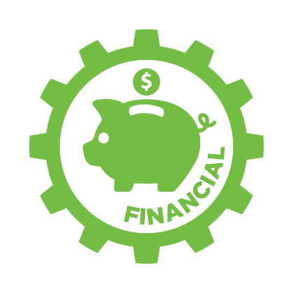 Green icon of a gear encircling a piggy bank with a dollar sign. The word “Financial” curves along the inside of the gear. Piggy bank symbolizes savings, investment, and fiscal responsibility. Graphic represents Longwood Well-Being’s core value of Financial stewardship.