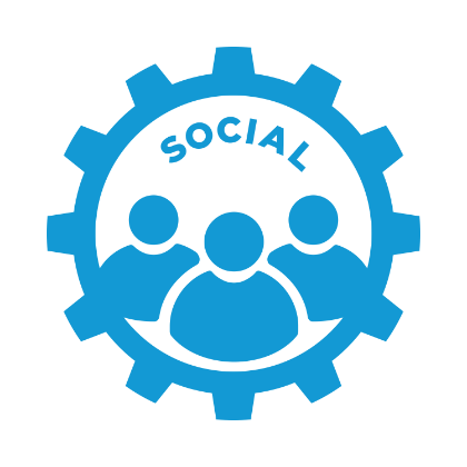 Blue icon of a gear encircling three stylized people. The word “Social” curves along the inside of the gear. Figures are grouped together to represent community and connection. Graphic symbolizes Longwood Well-Being’s core value of Social responsibility.