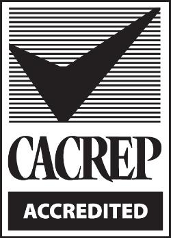 Cacrep_cm_BW. black and white - Black-and-white CACREP accreditation logo with a bold checkmark above the organization’s name. Horizontal lines fill the background behind the checkmark. The word “CACREP” appears in large serif lettering below the graphic. A solid black bar at the bottom contains the word “ACCREDITED” in white text.