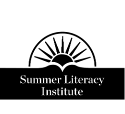 A black circular logo for the Summer Literacy Institute features an open book at the center with rays extending upward like a sunrise. The words “Summer Literacy Institute” curve around the top, and “Longwood University” appears below.