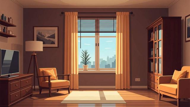 Cozy living room with armchairs, bookshelves, and a large window showing a city skyline