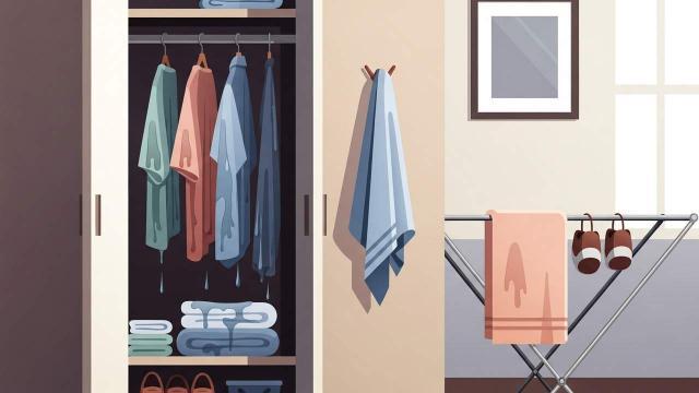 Wet clothing hanging inside a closet and on a drying rack indoors.