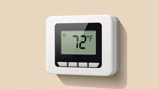 - Thermostat Close-Up — A white-framed digital thermostat on a beige wall shows 72°F with a sun icon, highlighting heating mode and interface buttons.