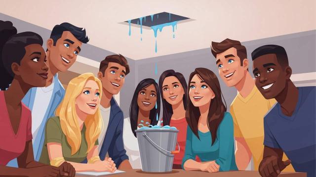 People gathered around a table watching water drip from a ceiling leak into a bucket.