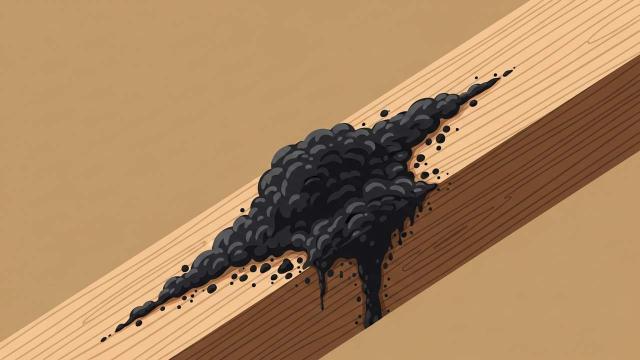 Close-up of a wooden beam with thick dark liquid oozing and dripping down the surface.