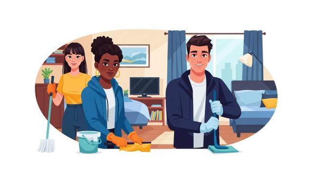 Three people cleaning a modern bedroom with mops and cloths, with a city view through the window.