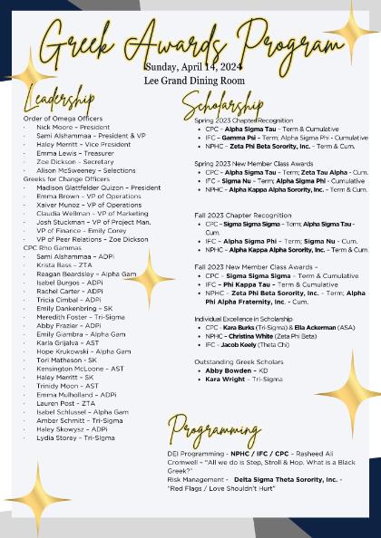 - Greek Awards Program poster with gold script title and star accents. Event details show Sunday, April 14, 2024, at the Lee Grand Dining Room. Sections list leadership officers, scholarship awards, and academic recognition. Text includes chapter honors, individual award recipients, and programming highlights.