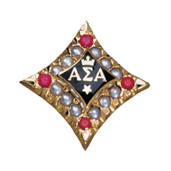 Alpha Sigma Alpha pin - Gold Alpha Sigma Alpha sorority pin in a diamond shape. Greek letters ΑΣΑ appear in black enamel at the center. Pearls and red gemstones decorate the border of the pin. The pin is shown against a white background.