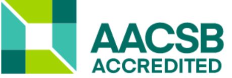 - AACSB Accredited logo. Teal and green geometric icon at left. “AACSB” appears in teal uppercase letters. “ACCREDITED” appears below in teal uppercase letters.