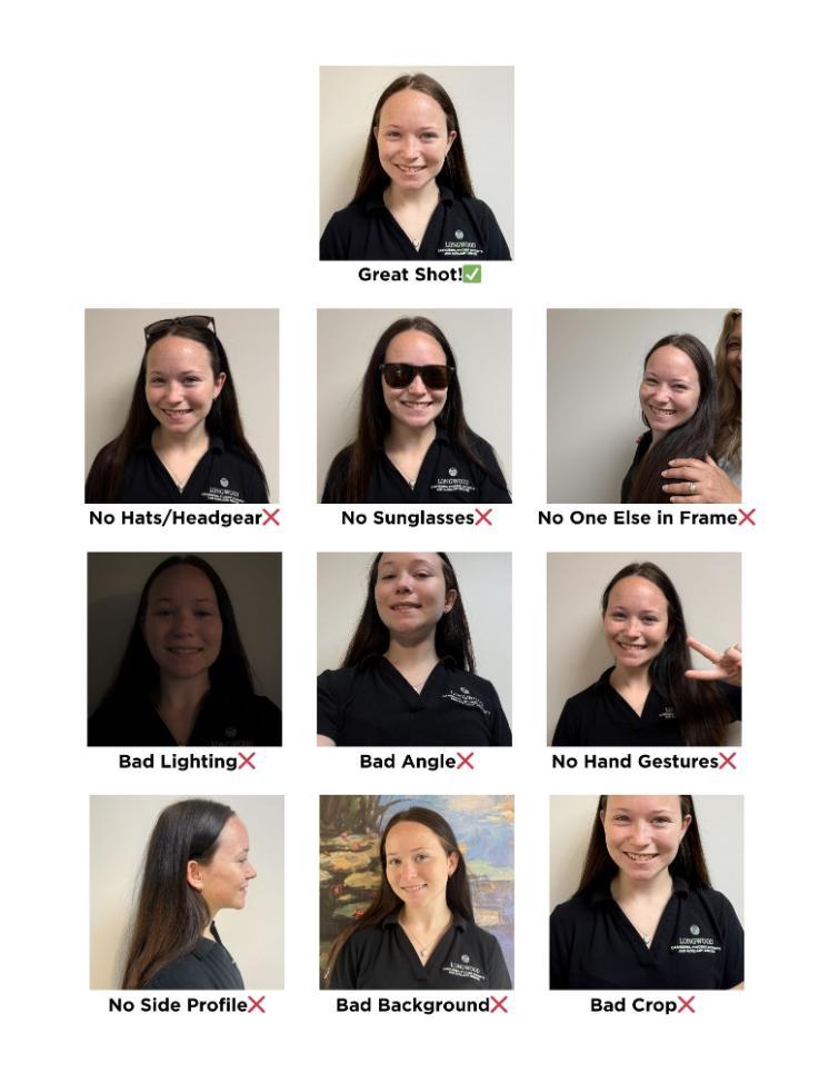 Photo requirement guide showing one correct Longwood headshot and eight examples to avoid, including hats, sunglasses, extra people, bad lighting, bad angle, hand gestures, side profile, distracting background and bad crop.