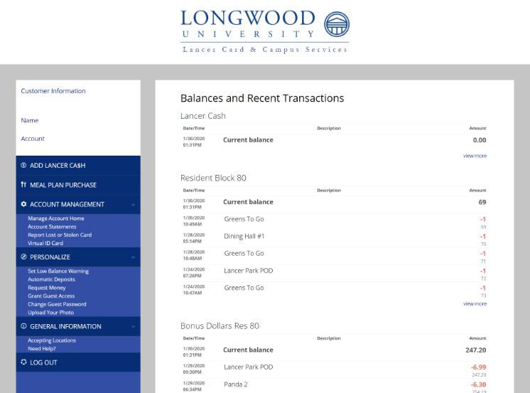 A screenshot shows the Longwood University Lancer Card account portal. The page lists balances and recent transactions for meal plans and Lancer Cash. Blue and gray menu options appear on the left side.