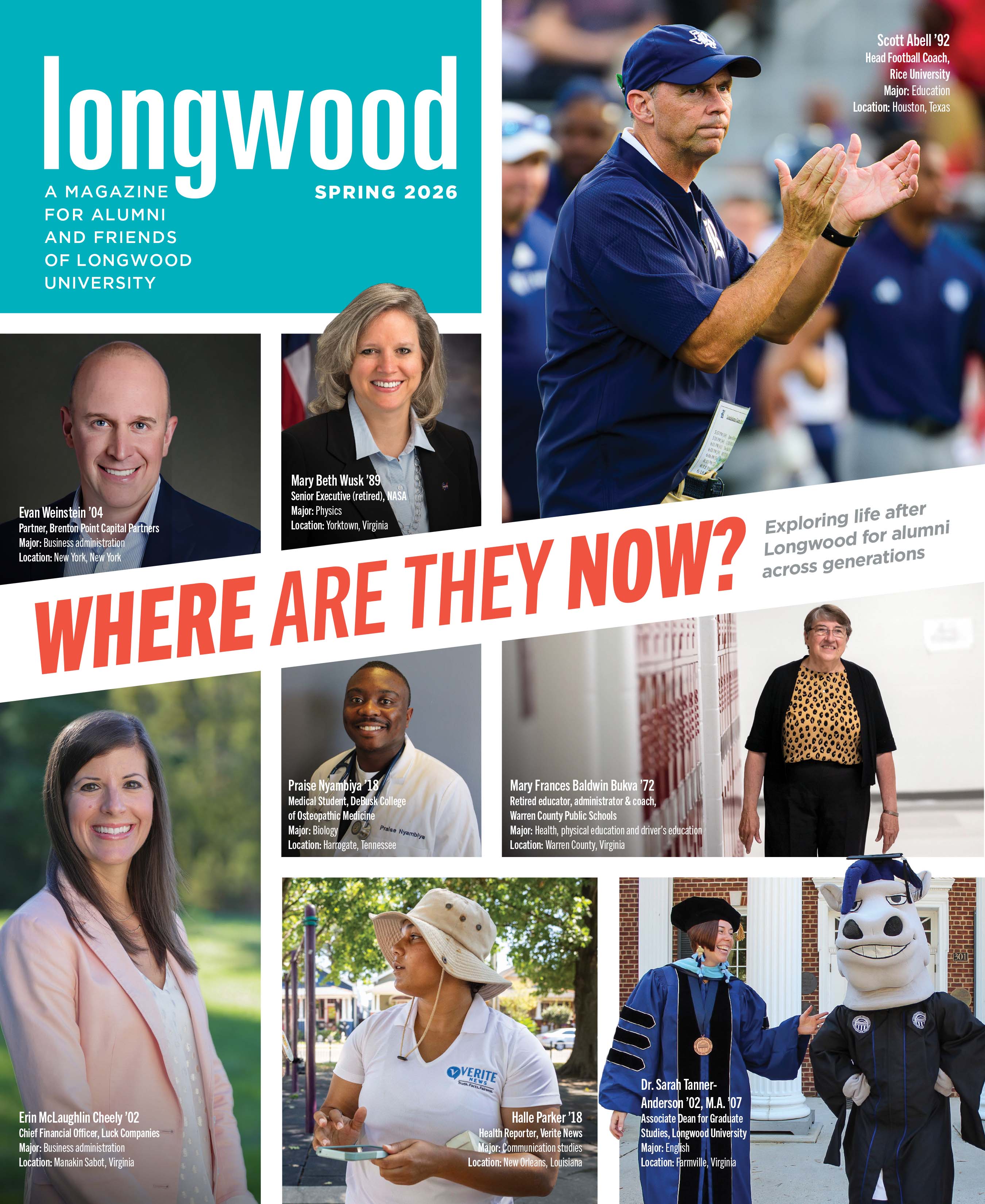 Spring 2026 cover of Longwood magazine featuring the headline “Where Are They Now?” and photos of alumni in a range of careers and Longwood settings.