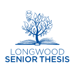 Transparent Background - Blue illustration of an owl perched in a leafy tree growing from an open book. Stylized emblem representing research, knowledge, and scholarship. Text below the graphic reads “Longwood Senior Thesis.” Design appears in Longwood blue on a black background.