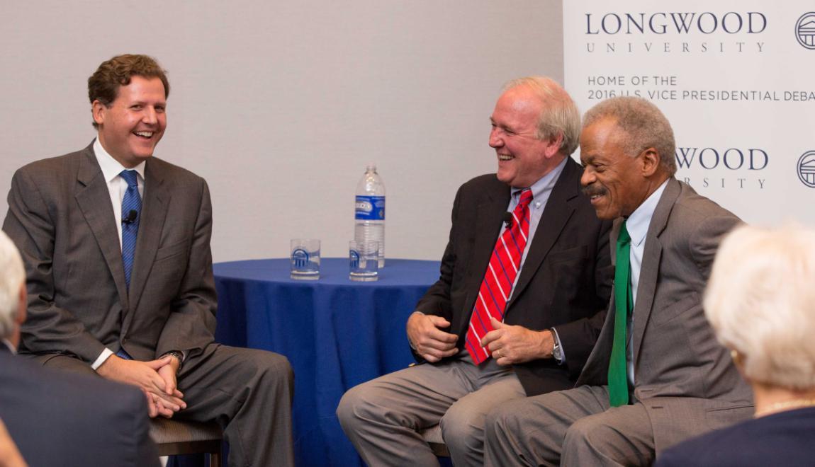 President Reveley with Commission on Presidential Debates co-chair and former White House Press Secretary Mike McCurry and moderator of the 2000 Vice Presidential Debate Bernard Shaw of CNN on stage last week at a Debate Countdown Reception hosted by Longwood in Washington, D.C.