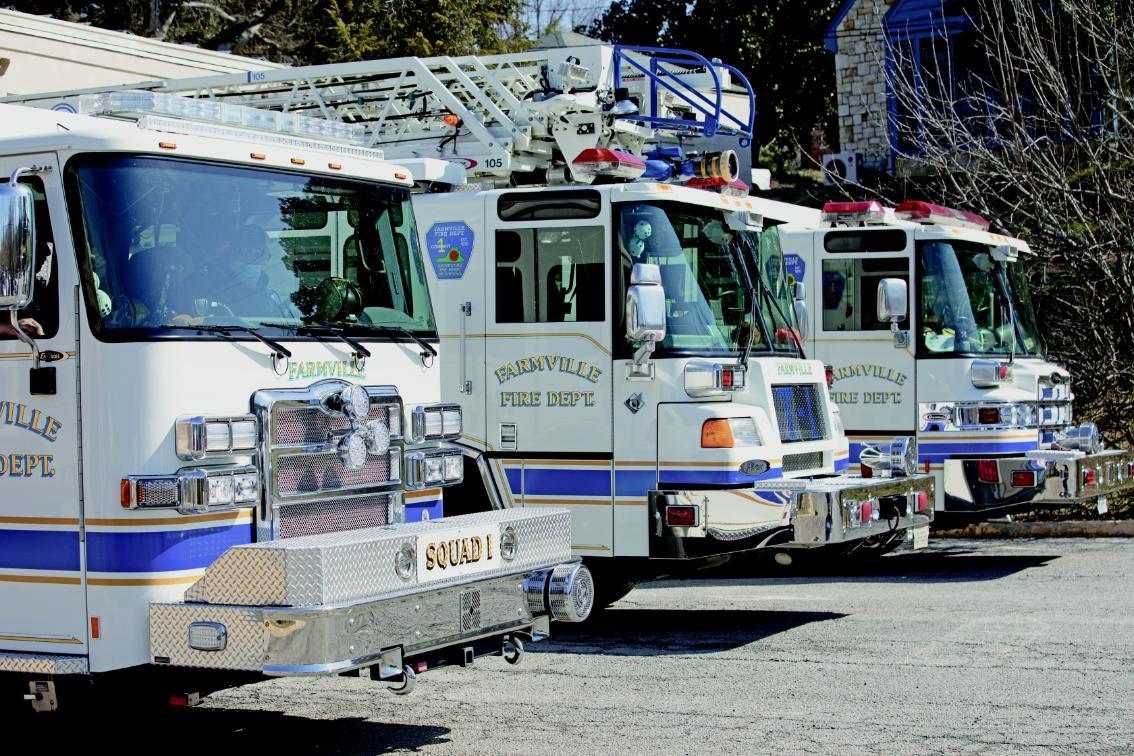 The Farmville Fire Department has a full complement of modern equipment, including a truck with a 105-foot aerial ladder (center) that Longwood helped purchase.