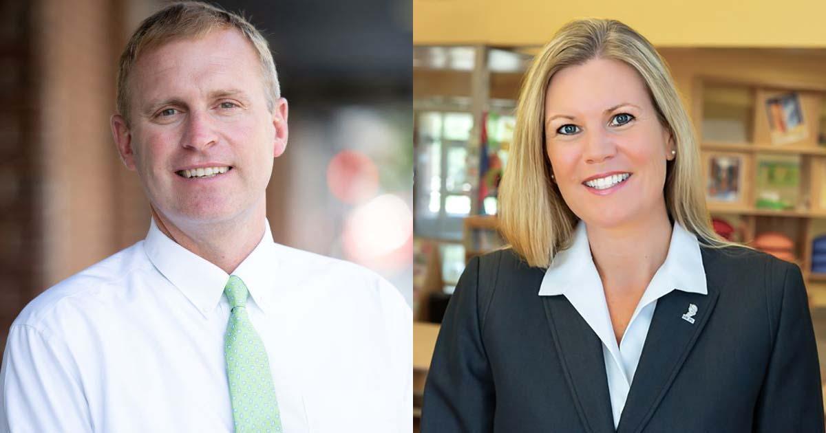 Dr. Chip Jones ’97, M.S. ’04, and Dr. Amy Cashwell ’97 - Side-by-side professional headshots of a man and a woman. The man wears a white shirt and green tie, smiling outdoors. The woman wears a dark blazer and light blouse, smiling indoors. Both portraits present polished, professional leadership images.