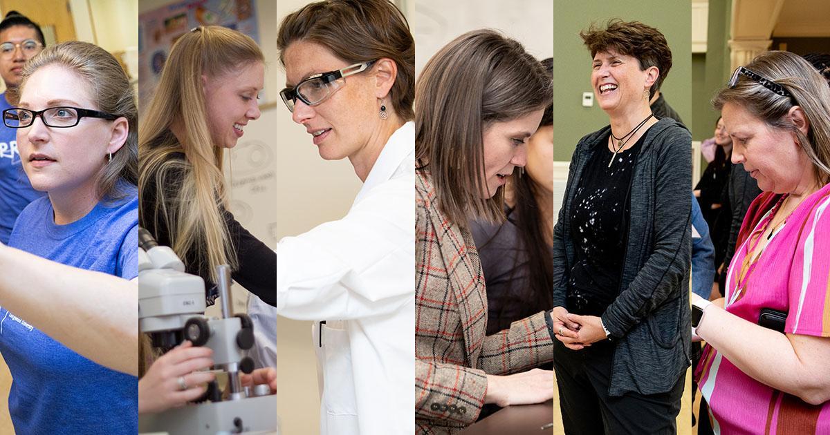 Dr. Kathy Gee, Dr. Amorette Barber, Dr. Sarah Porter, Dr. Leah Shilling-Stouffer, Dr. Michelle Parry, Dr. Melissa Rhoten - Collage of women engaged in science and research activities. One works at a microscope while another wears a lab coat and safety glasses. Others review materials and present research at an academic event. The images highlight women’s leadership and collaboration in STEM fields