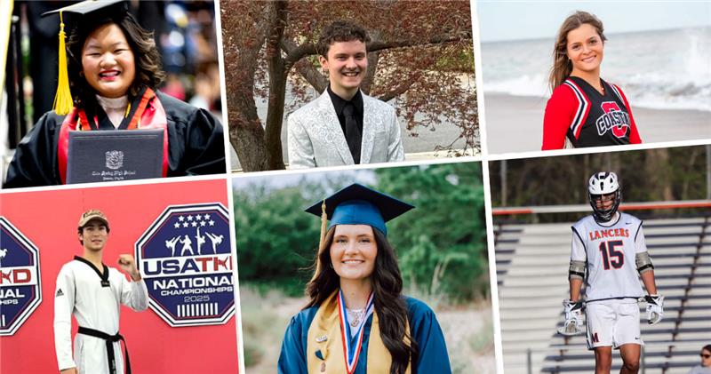 Composite of some of the students included in the 2029 Wall - Collage featuring six student portraits in different settings and achievements. Images include graduates in caps and gowns, an athlete in a Lancers uniform, and a student at a national championship event backdrop. One student poses in a cheer uniform by the beach. The photos highlight academic, athletic, and extracurricular accomplishme