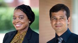 Dr. Alecia Blackwood and Dr. Aftab Khan - Side-by-side headshots of two professionals. On the left, a woman with braided hair smiles while wearing a black blazer and patterned blouse. On the right, a man in a dark shirt and tie looks toward the camera. Both portraits feature softly blurred backgrounds.