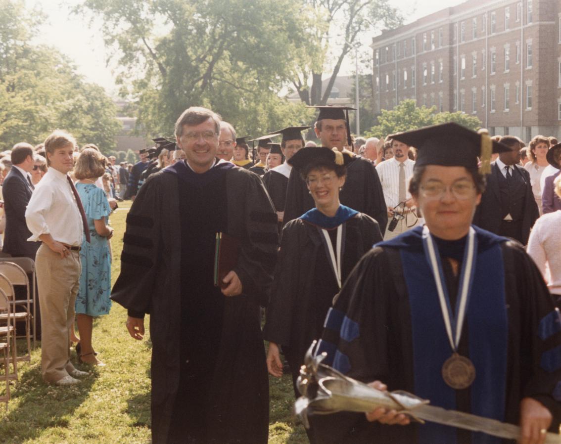 Dr. Greenwood (middle) walks with former Governor of Virginia Gerald Baliles during Longwood's commencement.