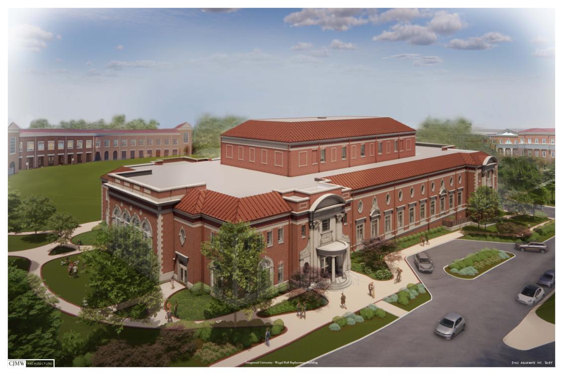 Exterior rendering of Longwood’s planned music building, showing a large brick facility with red roofs, landscaped walkways and nearby campus buildings.