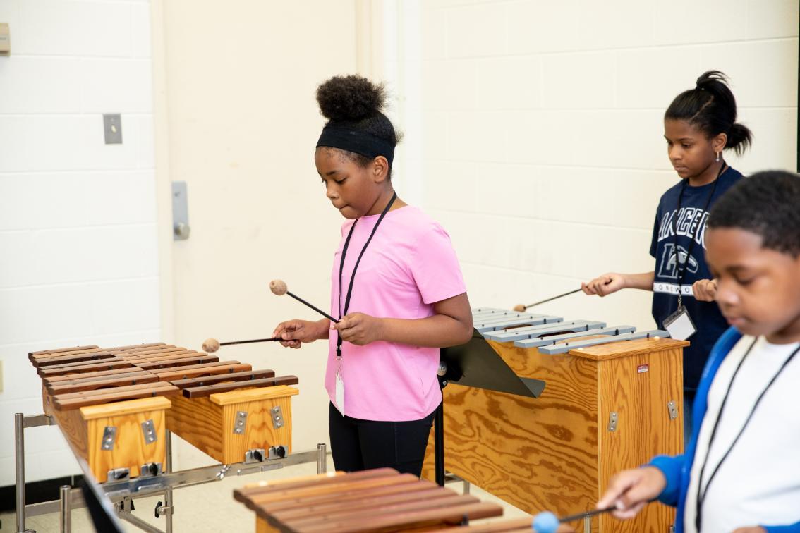 Prince Edward students at Lancer for a Day made music in associate professor of music education Dr. Jacqueline Secoy’s “Orfing Around” class in Wygal Hall.