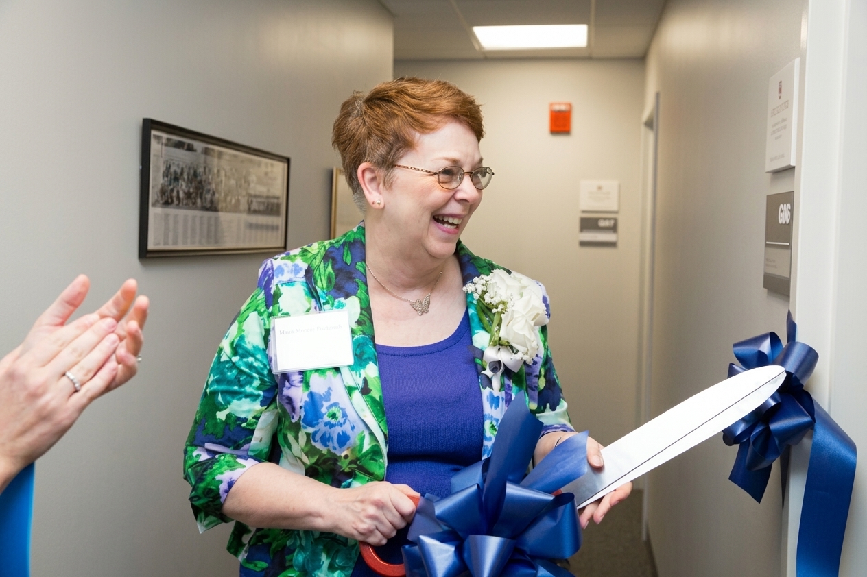 Diane Bottoms Boxley '72 cuts a ribbon during the Maugans Alumni Center Grand Opening in 2015.