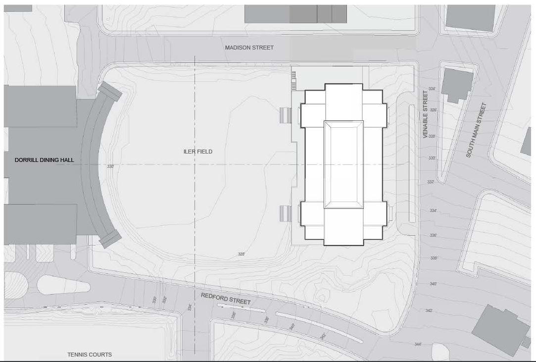 Site plan showing the location of Longwood’s new music building next to Iler Field, between Dorrill Dining Hall and Venable Street.