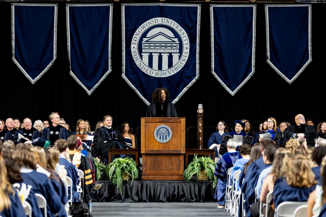 Women's basketball head coach Erika Lang-Montgomery delivered this year's Convocation remarks, encouraging seniors to leave Longwood better than they found it.