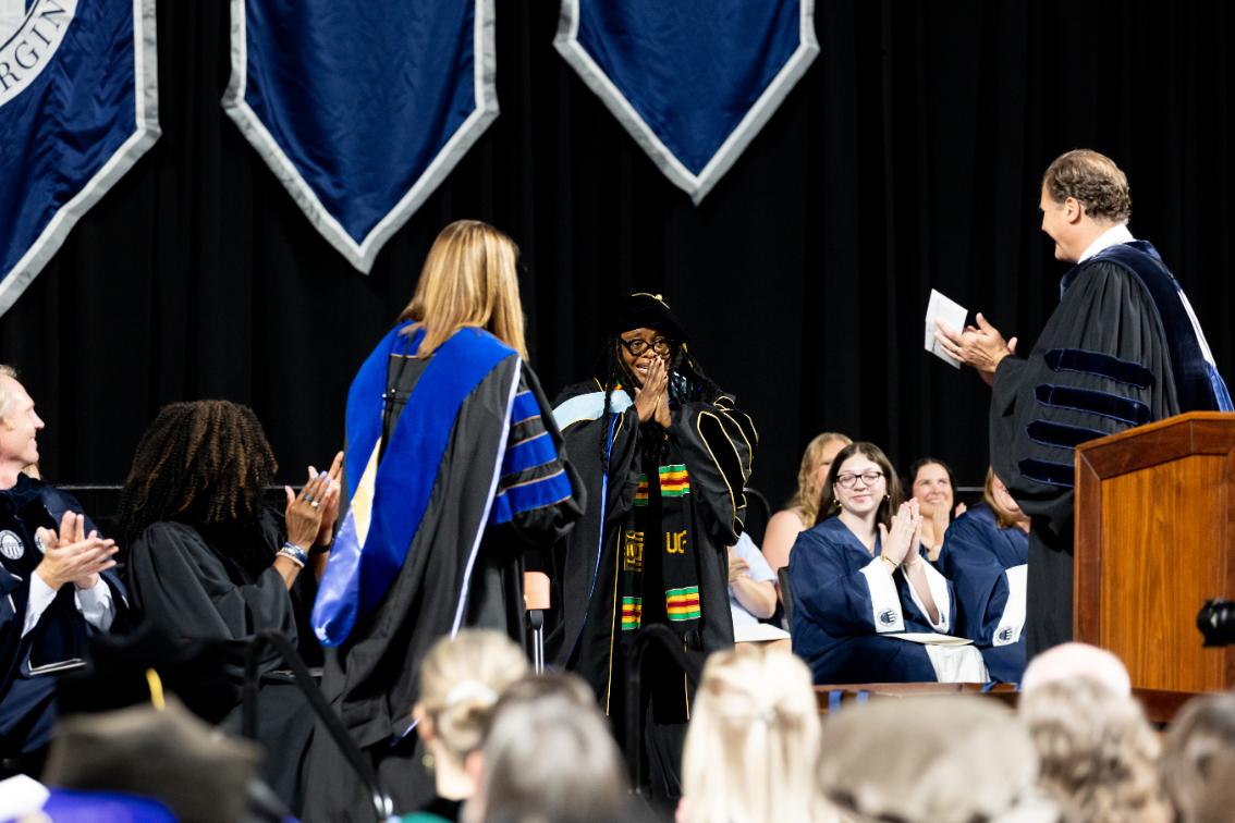 Dr. Alecia Blackwood, assistant professor of education, was overtaken with emotion after being announced as this year's recipient of the Innovation in Teaching Award